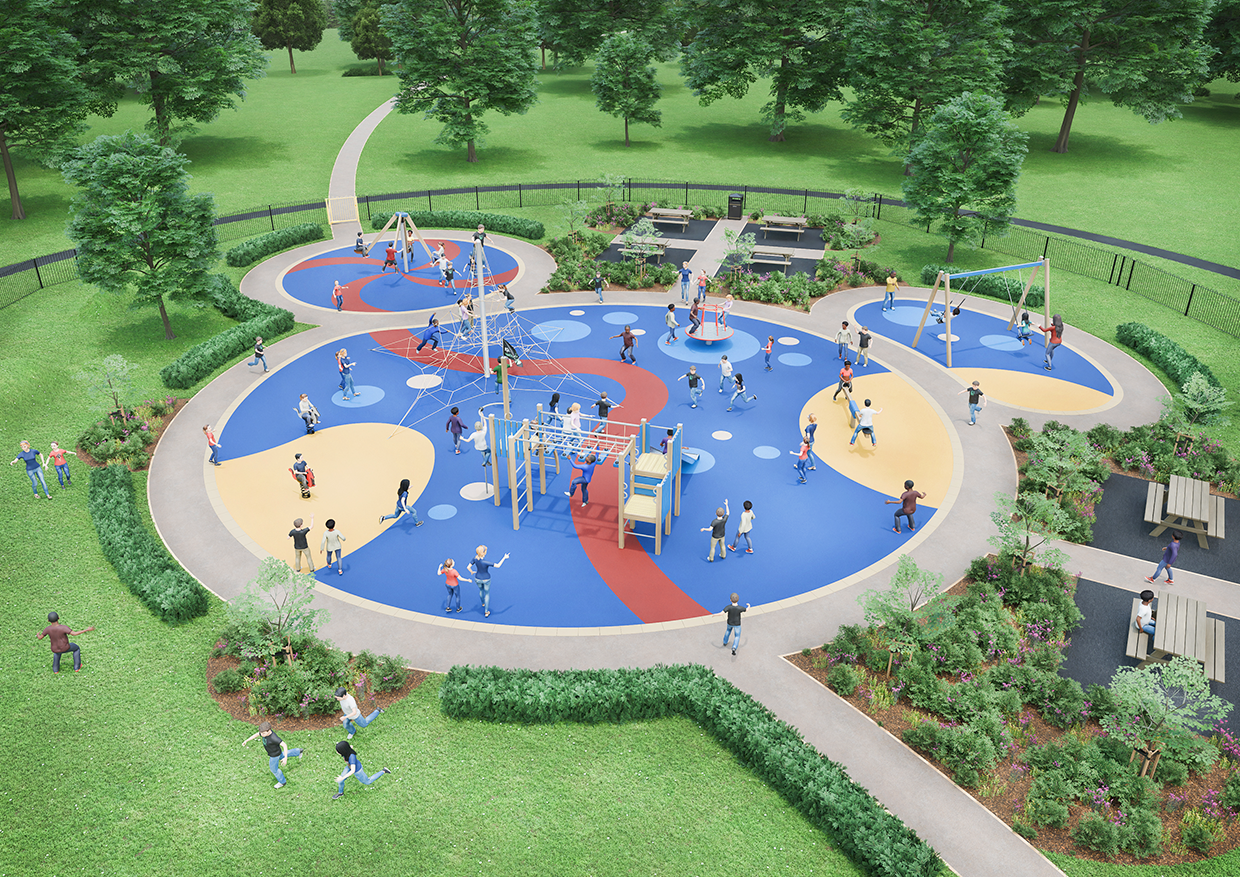 Playground Designer 3D visualisation of a residential playground layout with play equipment and landscaping