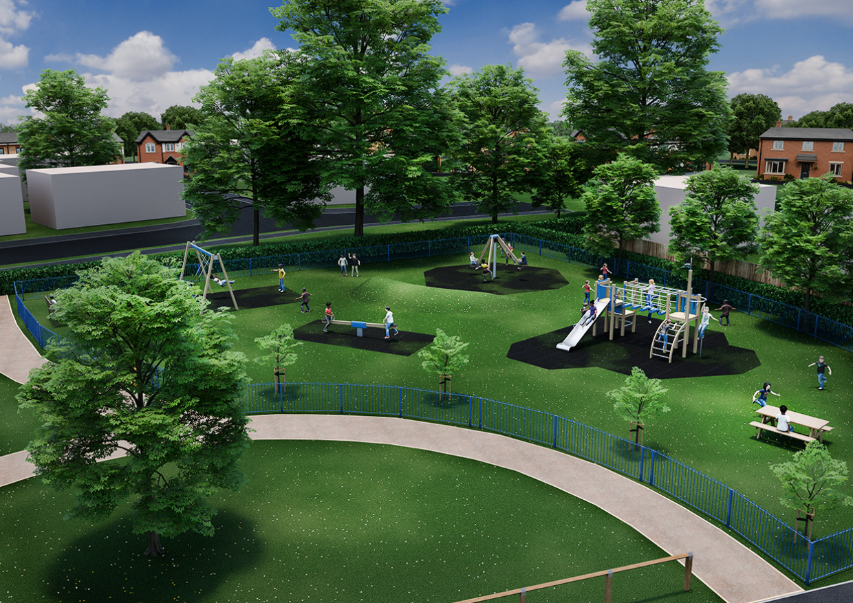 Playground Designer 3D visualisation of a residential playground layout with play equipment and landscaping