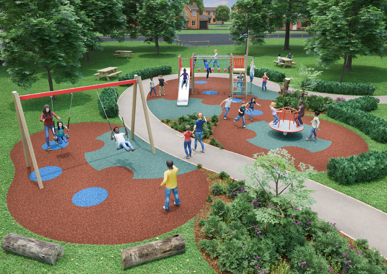 NekoScape Playground Designer 3D visualisation of a completed playground layout with play equipment and landscaping